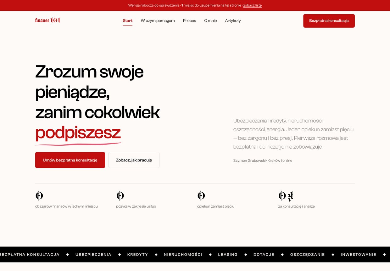 Hasło na start: „Zrozum swoje pieniądze, zanim cokolwiek podpiszesz”. Czerwień z wizytówki wraca w haśle i przyciskach.